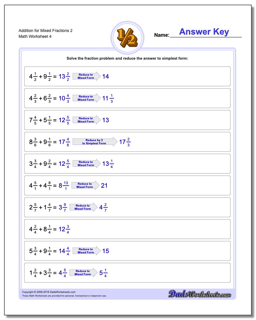 Addition Worksheet for Mixed Fraction Worksheets 2
