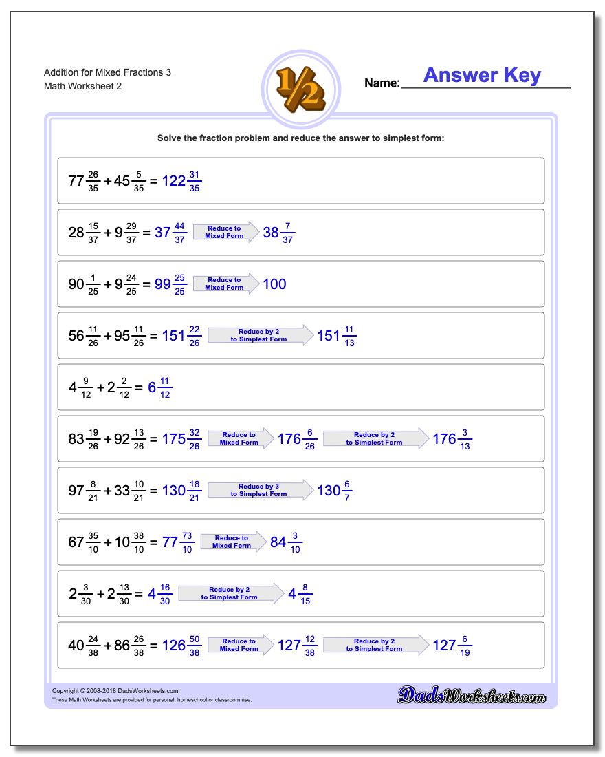 Addition Worksheet for Mixed Fraction Worksheets 3 www.dadsworksheets.com/worksheets/fraction-addition.html