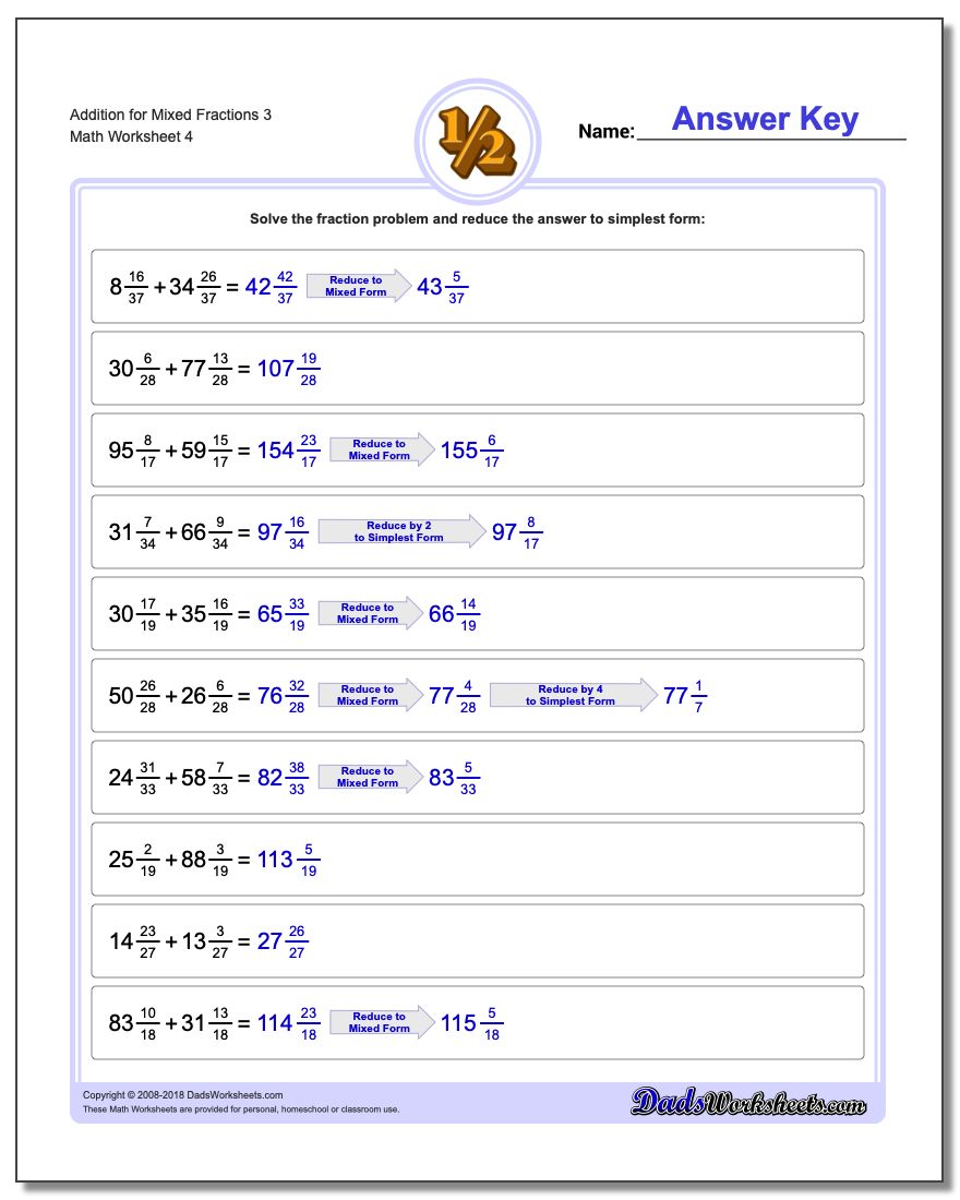 Addition Worksheet for Mixed Fraction Worksheets 3