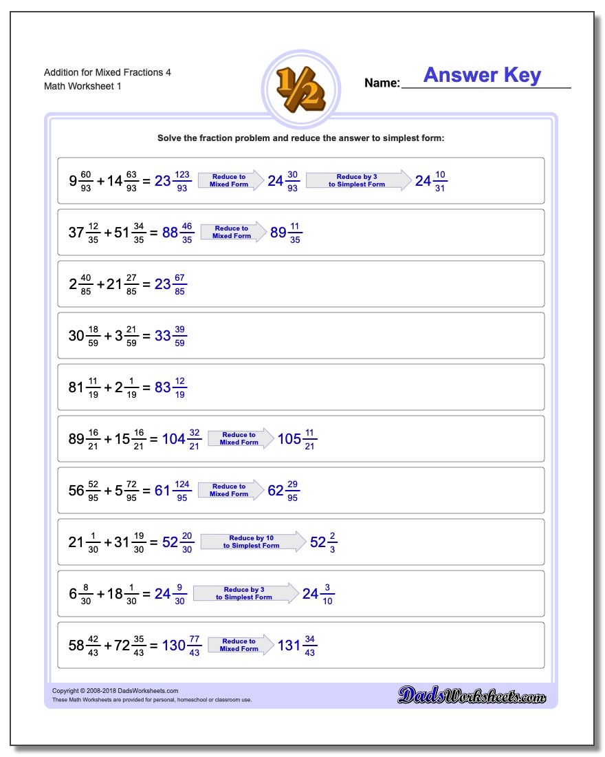 Adding Fraction Worksheets Addition Worksheet for Mixed 4