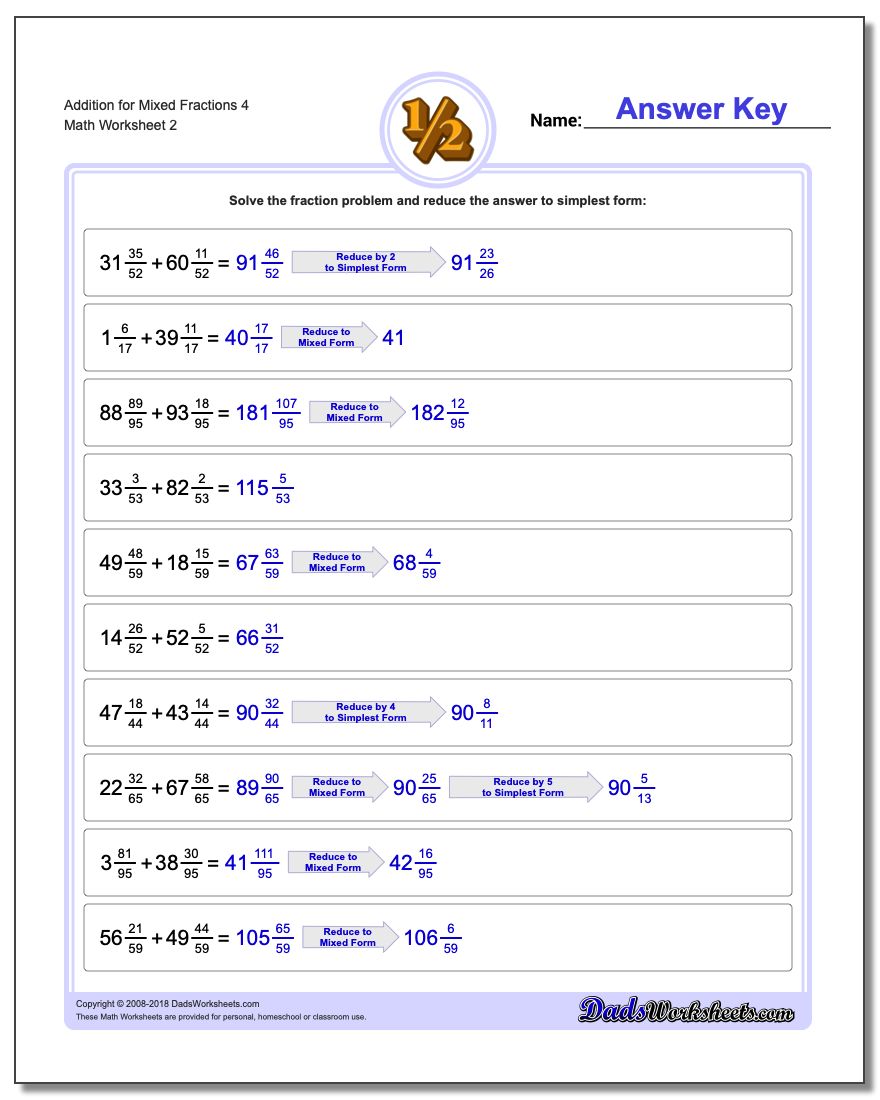 Addition Worksheet for Mixed Fraction Worksheets 4 www.dadsworksheets.com/worksheets/fraction-addition.html