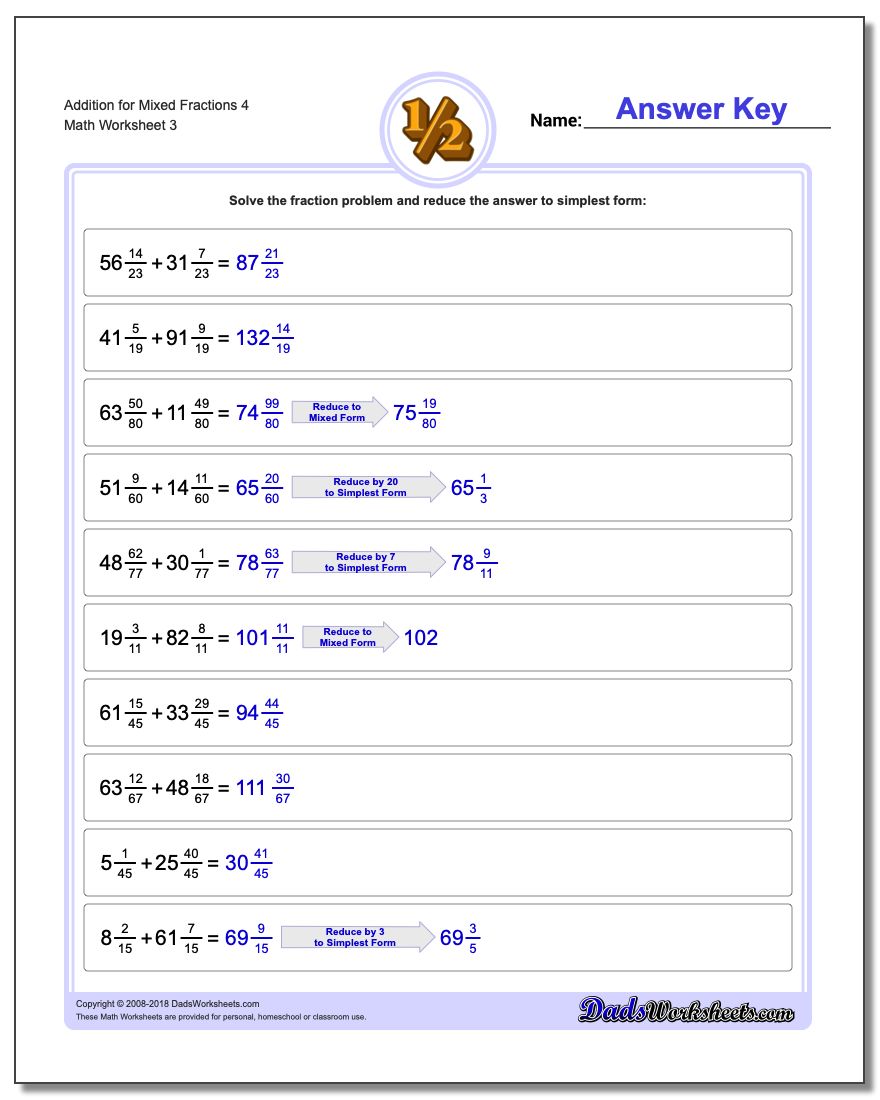 Addition Worksheet for Mixed Fraction Worksheets 4