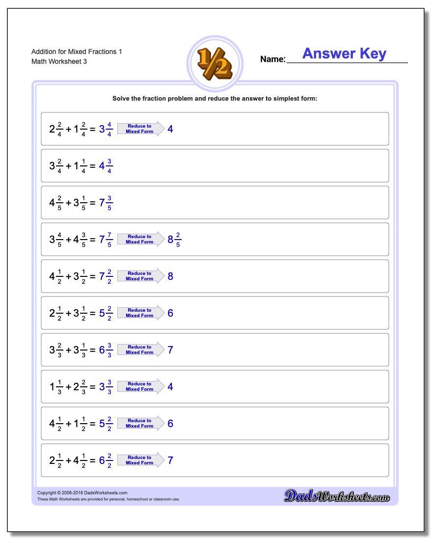 Addition Worksheet for Mixed Fraction Worksheets 1
