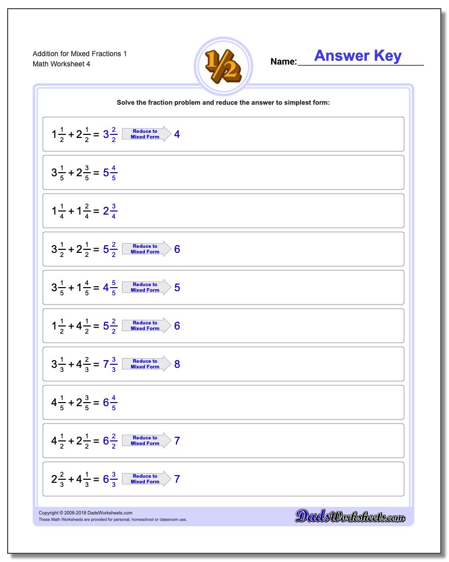 Addition Worksheet for Mixed Fraction Worksheets 1