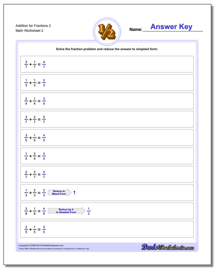 Addition Worksheet for Fraction Worksheets 2 www.dadsworksheets.com/worksheets/fraction-addition.html