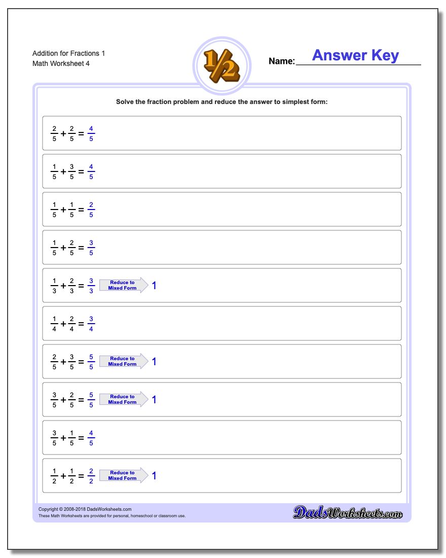 Addition Worksheet for Fraction Worksheets 1