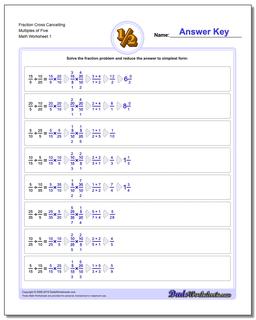 Fraction Worksheet Cross Cancelling Multiples of Five Dividing Fractions