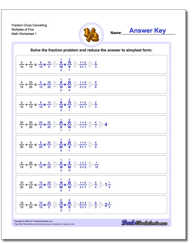 Fraction Worksheet Cross Cancelling Multiples of Five Dividing Fractions