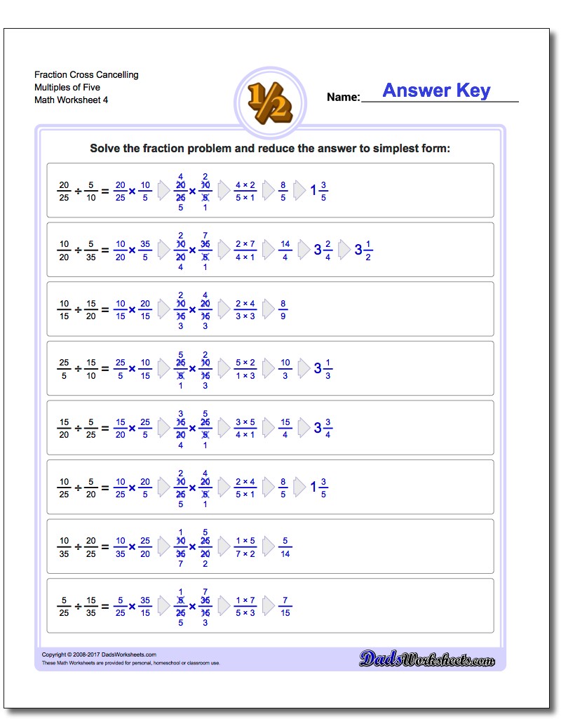 Fraction Worksheet Cross Cancelling Multiples of Five