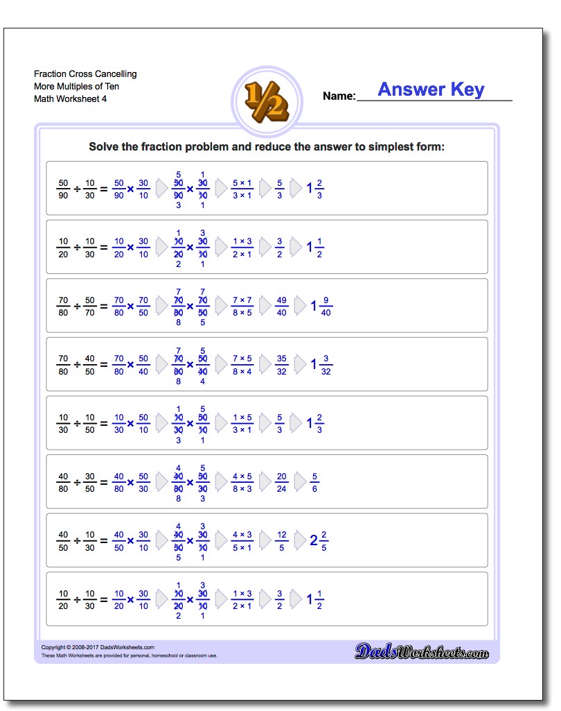 Fraction Worksheet Cross Cancelling More Multiples of Ten