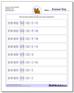 Fraction Worksheet Cross Cancelling Multiples of Ten Dividing Fractions