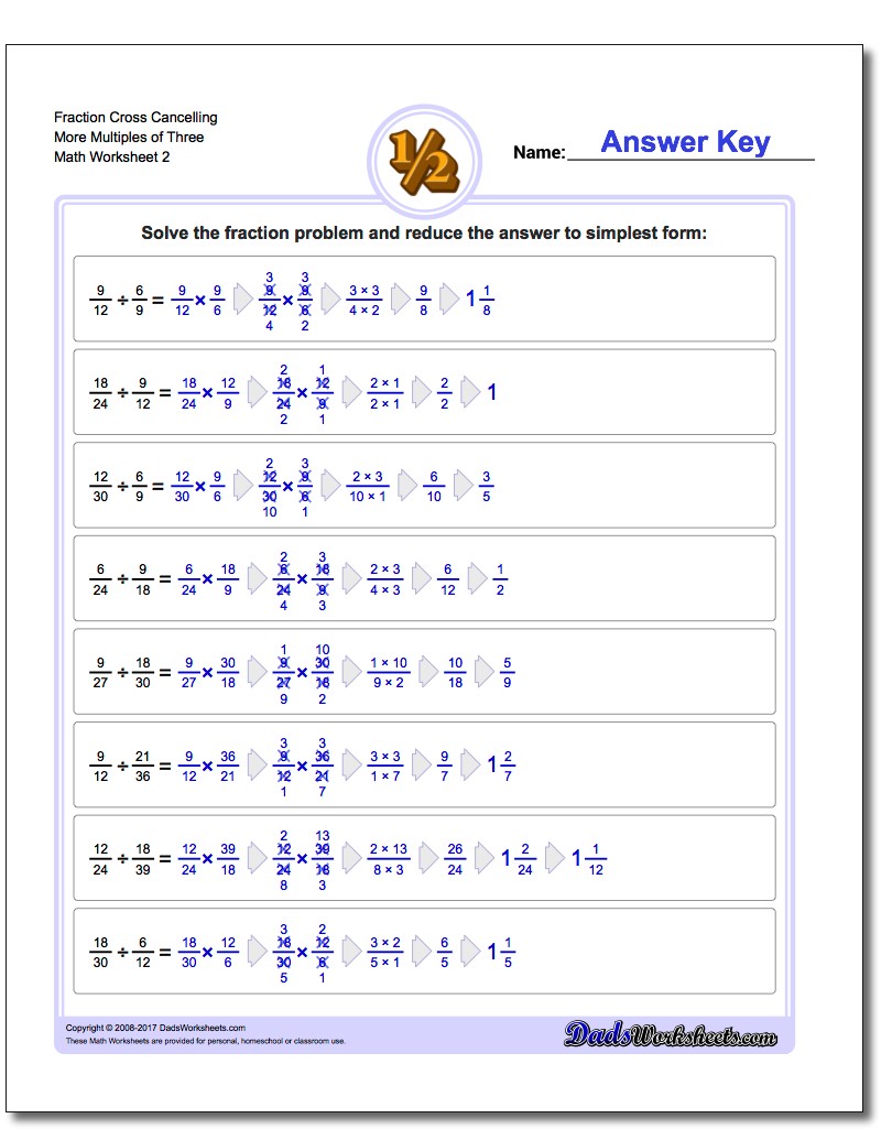 Fraction Worksheet Cross Cancelling More Multiples of Three www.dadsworksheets.com/worksheets/fraction-division.html