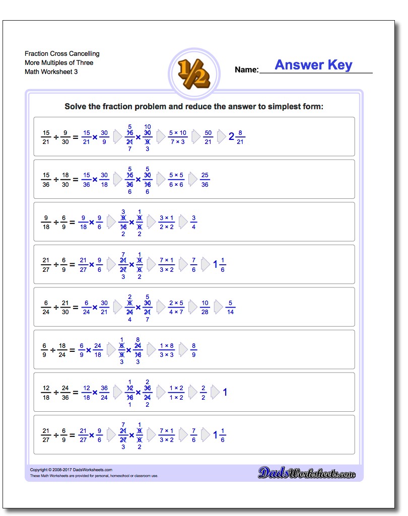 Fraction Worksheet Cross Cancelling More Multiples of Three