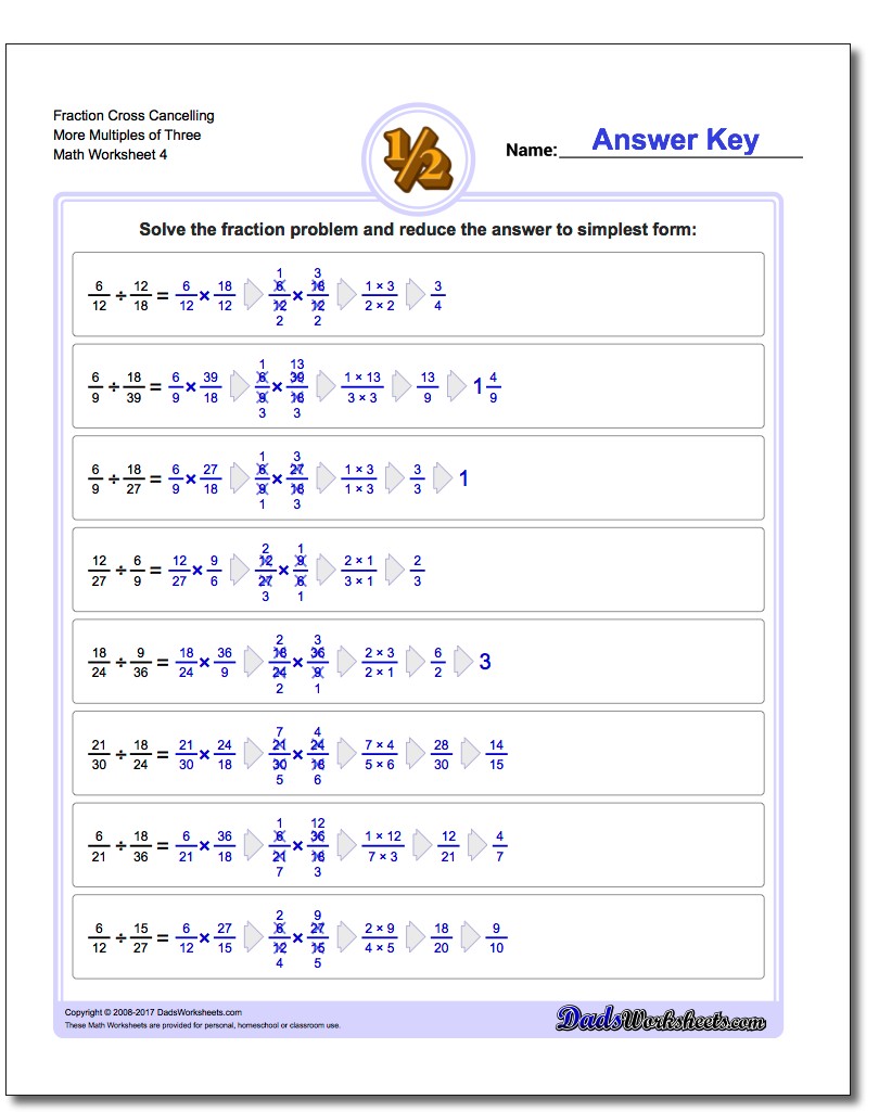 Fraction Worksheet Cross Cancelling More Multiples of Three