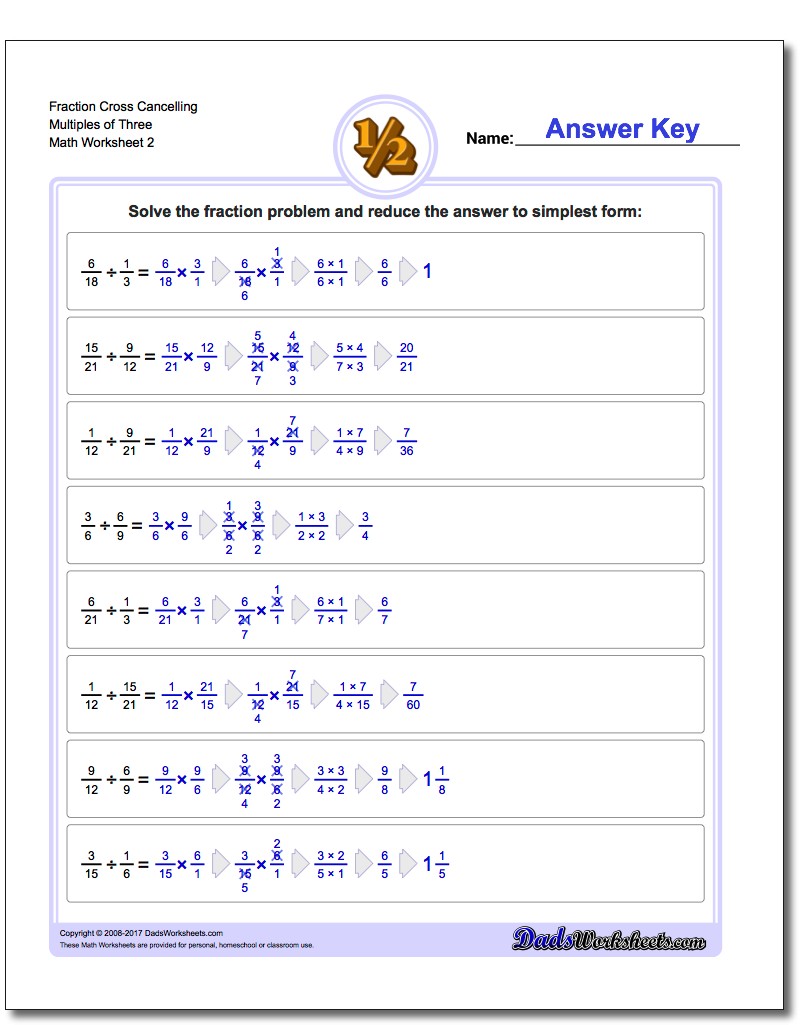 Fraction Worksheet Cross Cancelling Multiples of Three www.dadsworksheets.com/worksheets/fraction-division.html