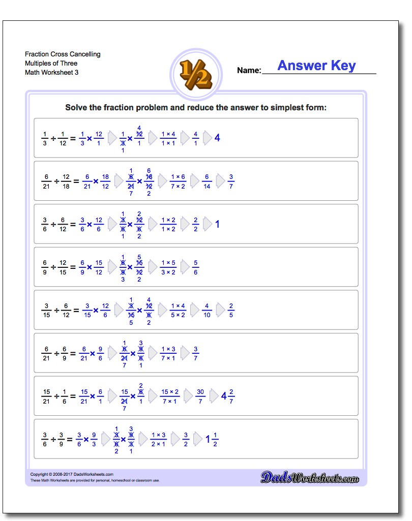 Fraction Worksheet Cross Cancelling Multiples of Three