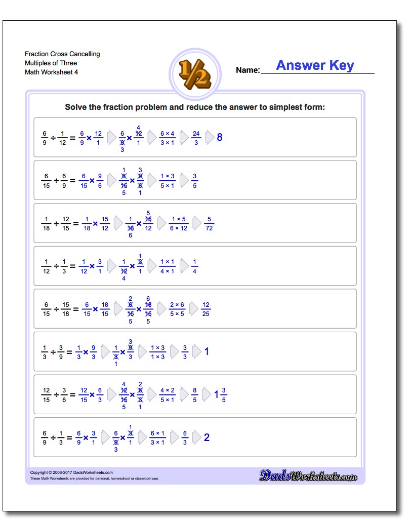 Fraction Worksheet Cross Cancelling Multiples of Three