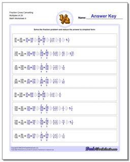 Fraction Worksheet Cross Cancelling Multiples of 25