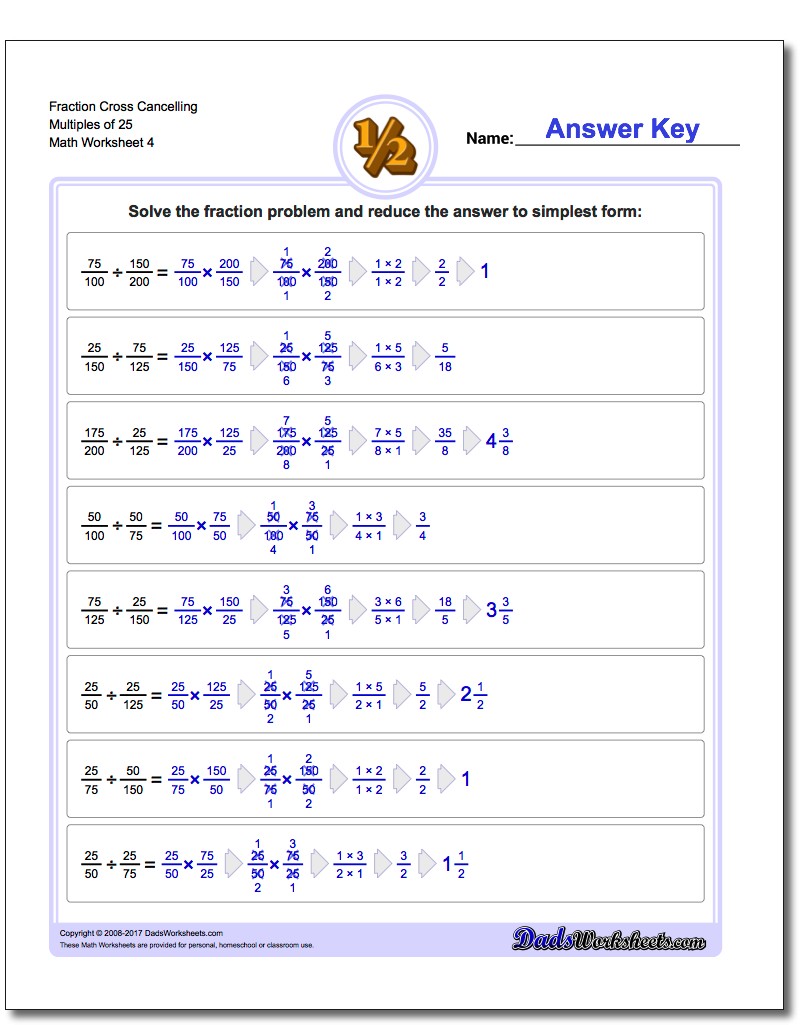 Fraction Worksheet Cross Cancelling Multiples of 25