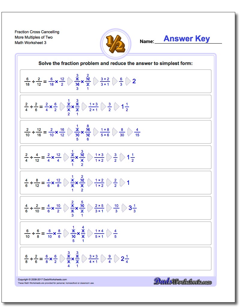 Fraction Worksheet Cross Cancelling More Multiples of Two