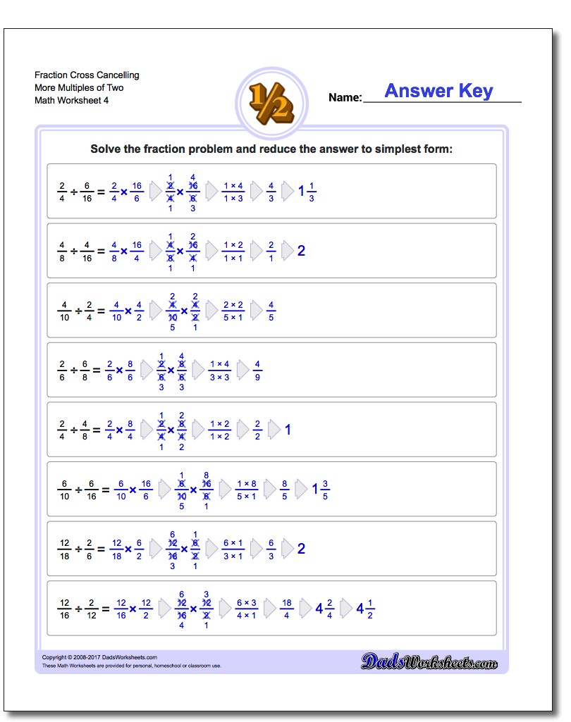 Fraction Worksheet Cross Cancelling More Multiples of Two