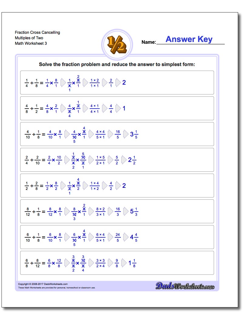 Fraction Worksheet Cross Cancelling Multiples of Two