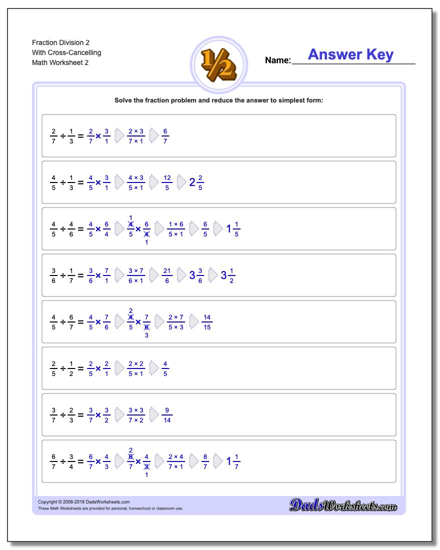 Fraction Worksheet Division Worksheet 2 With Cross-Cancelling www.dadsworksheets.com/worksheets/fraction-division.html