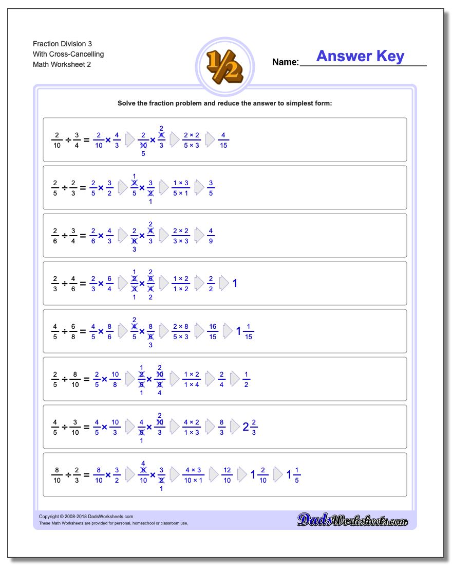Fraction Worksheet Division Worksheet 3 With Cross-Cancelling www.dadsworksheets.com/worksheets/fraction-division.html