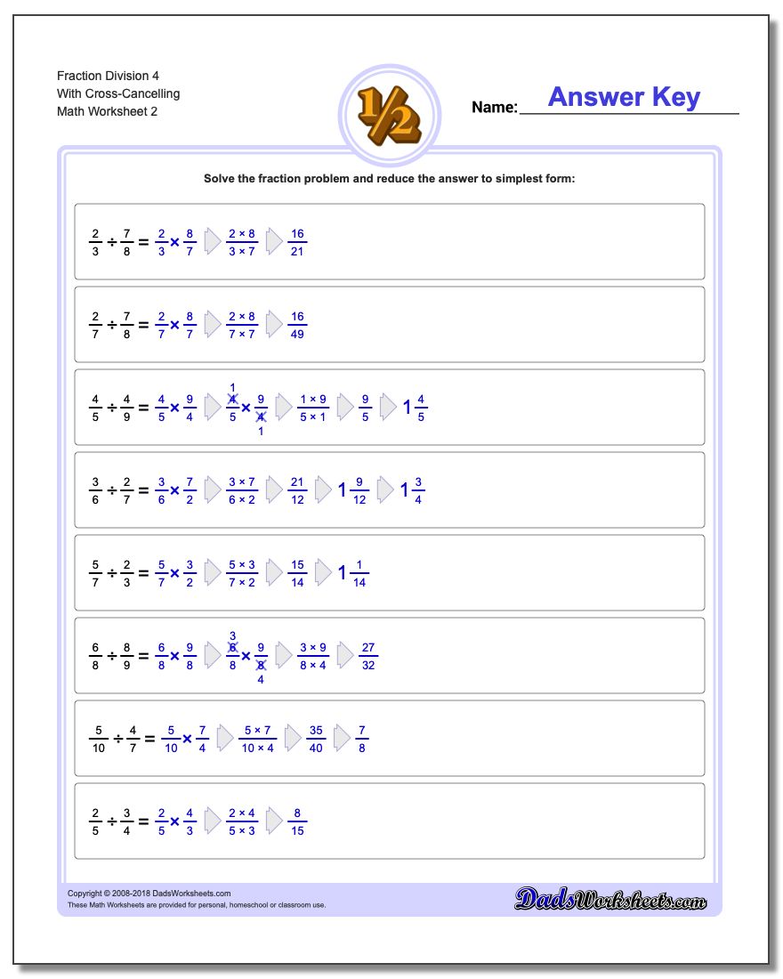 Fraction Worksheet Division Worksheet 4 With Cross-Cancelling www.dadsworksheets.com/worksheets/fraction-division.html