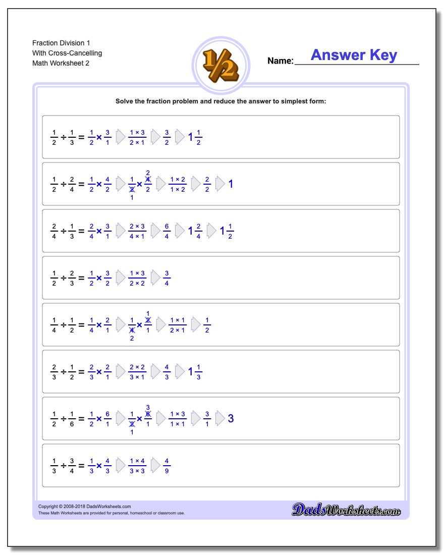 Fraction Worksheet Division Worksheet 1 With Cross-Cancelling www.dadsworksheets.com/worksheets/fraction-division.html