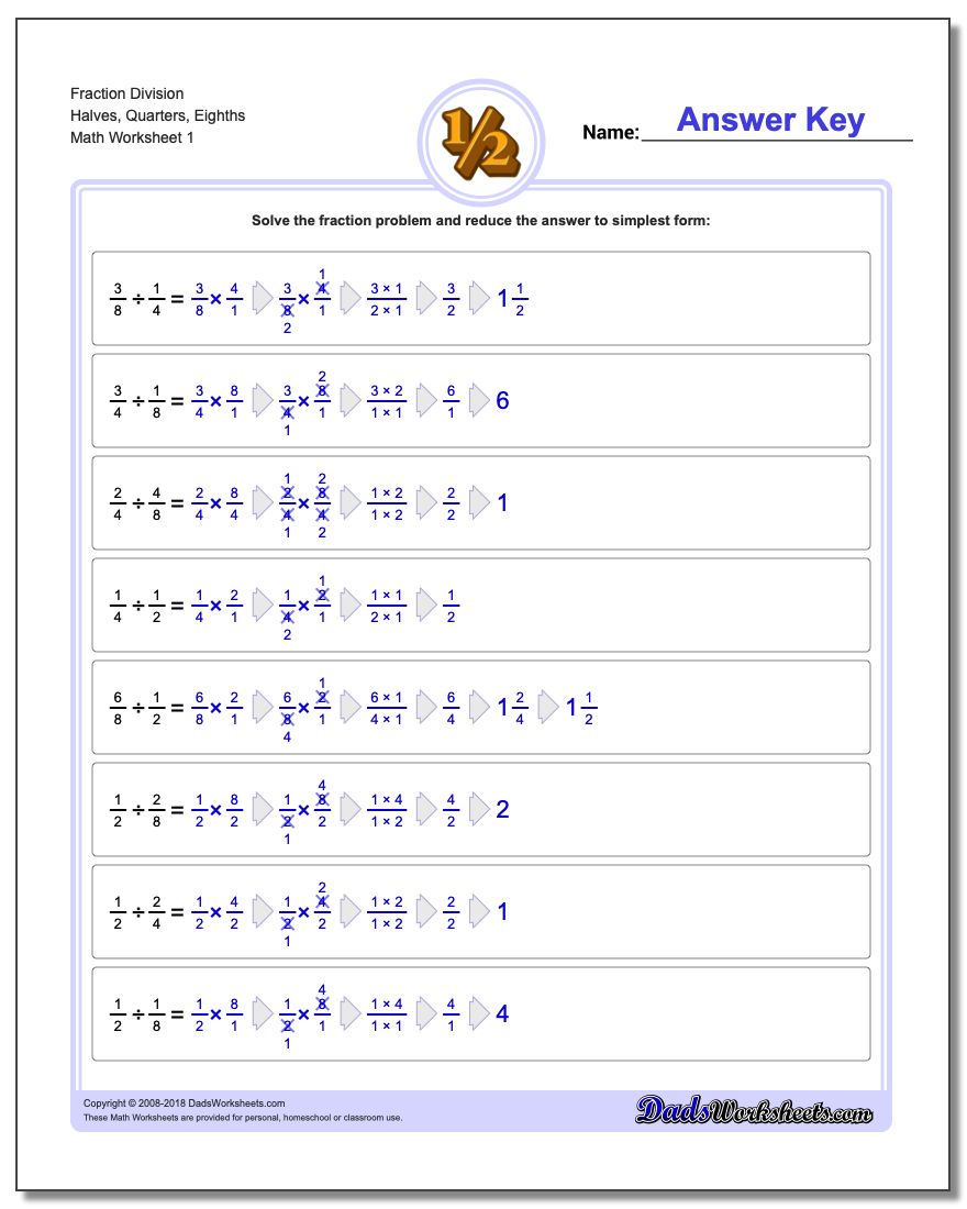 Fraction Worksheet Division Worksheet Halves, Quarters, Eighths Dividing Fractions