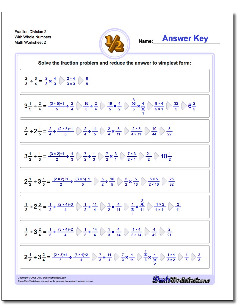 Fraction Worksheet Division Worksheet 2 With Whole Numbers www.dadsworksheets.com/worksheets/fraction-division.html