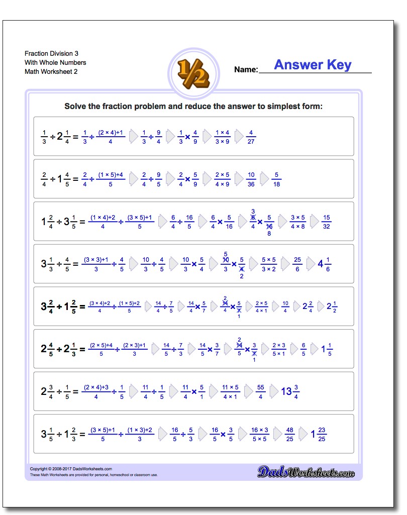 Fraction Worksheet Division Worksheet 3 With Whole Numbers www.dadsworksheets.com/worksheets/fraction-division.html