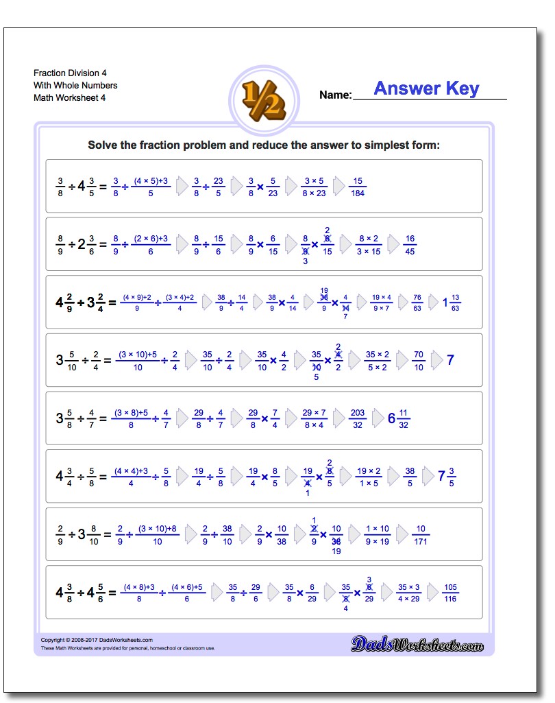 Fraction Worksheet Division Worksheet 4 With Whole Numbers