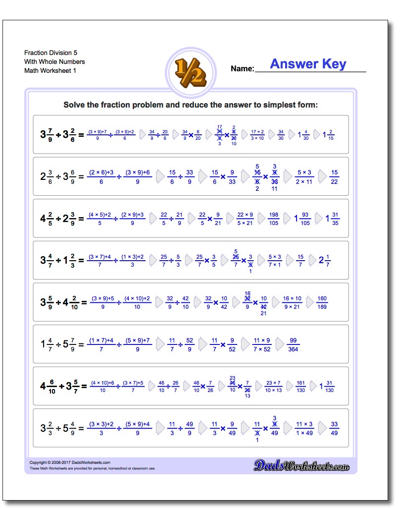Fraction Worksheet Division Worksheet 5 With Whole Numbers Dividing Fractions
