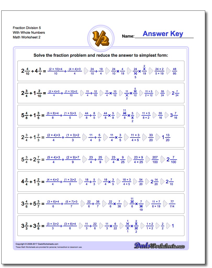 Fraction Worksheet Division Worksheet 5 With Whole Numbers www.dadsworksheets.com/worksheets/fraction-division.html