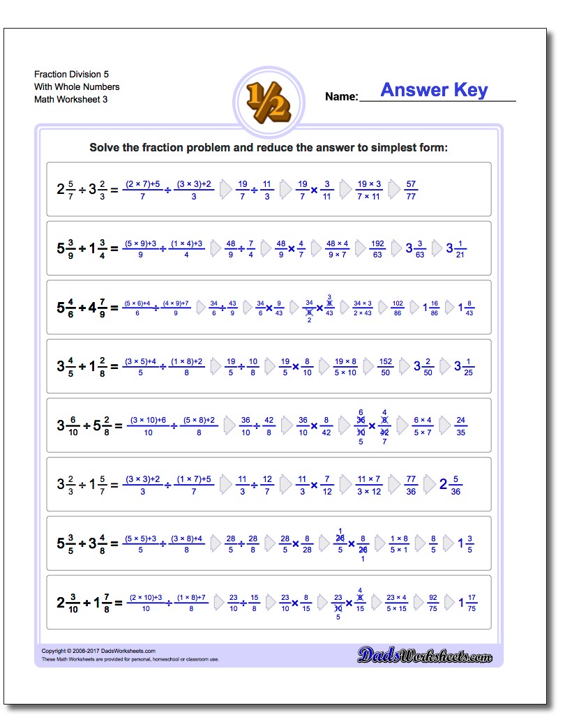 Fraction Worksheet Division Worksheet 5 With Whole Numbers