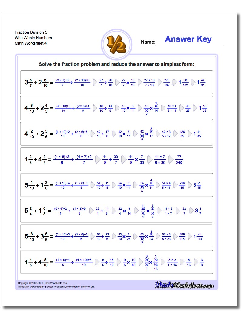 Fraction Worksheet Division Worksheet 5 With Whole Numbers