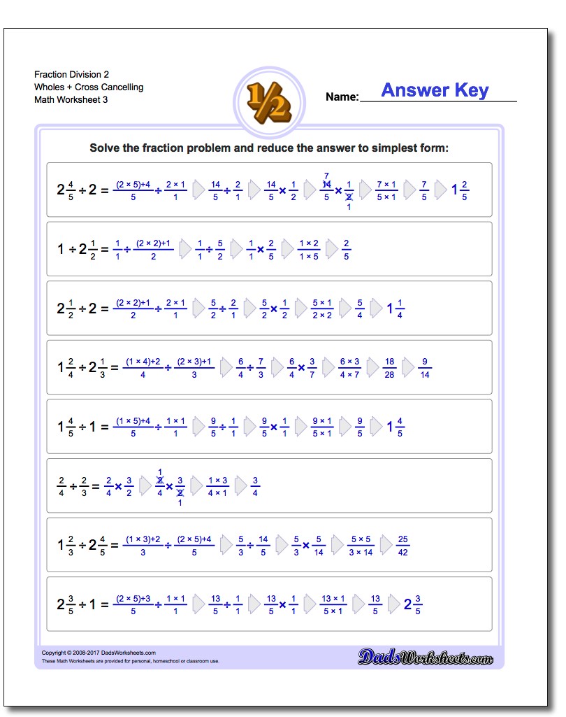 Fraction Worksheet Division Worksheet 2 Wholes + Cross Cancelling