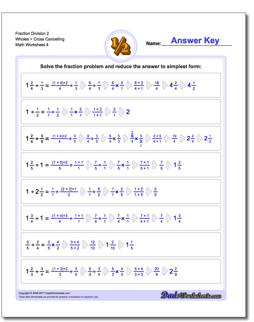 Fraction Worksheet Division Worksheet 2 Wholes + Cross Cancelling