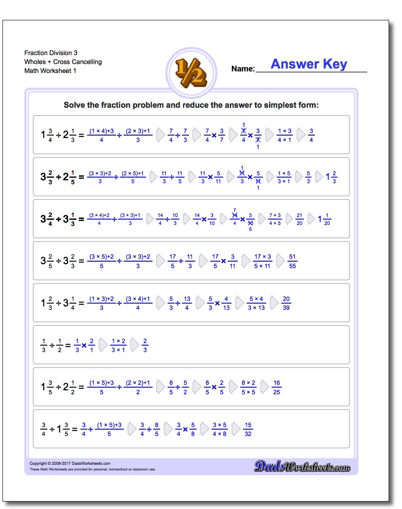 Fraction Worksheet Division Worksheet 3 Wholes + Cross Cancelling Dividing Fractions