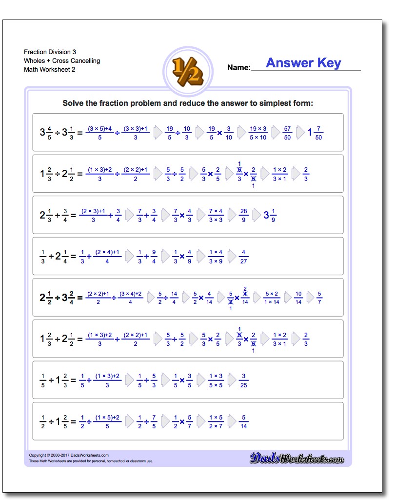 Fraction Worksheet Division Worksheet 3 Wholes + Cross Cancelling www.dadsworksheets.com/worksheets/fraction-division.html