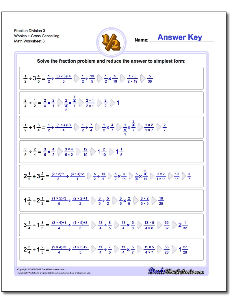 Fraction Worksheet Division Worksheet 3 Wholes + Cross Cancelling