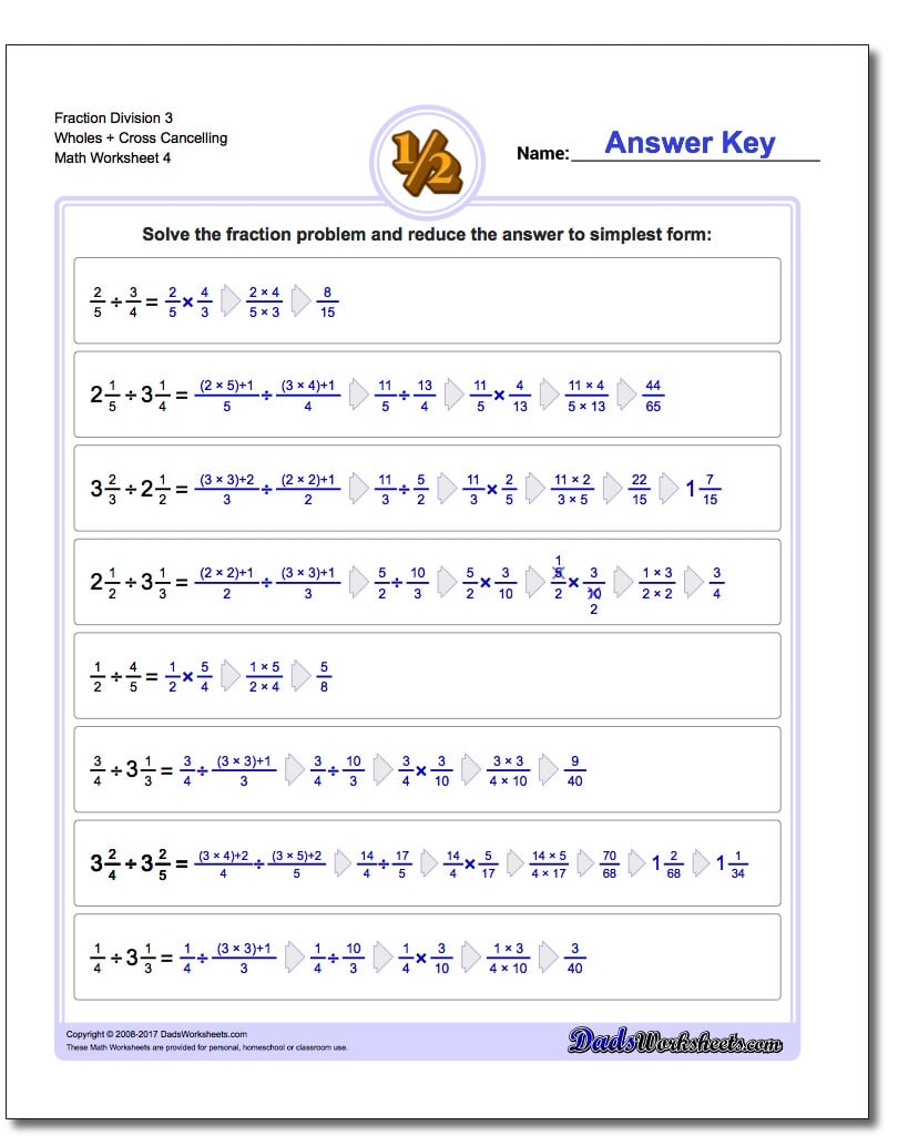Fraction Worksheet Division Worksheet 3 Wholes + Cross Cancelling