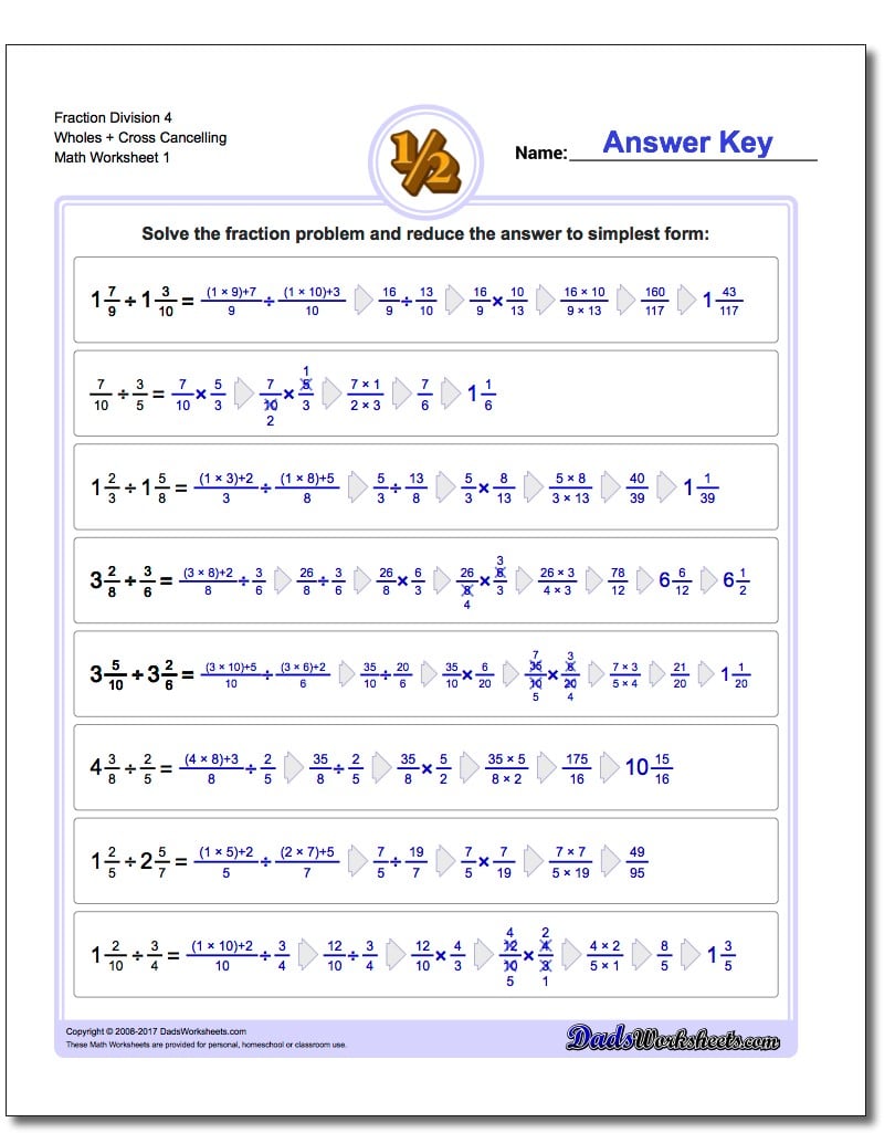Fraction Worksheet Division Worksheet 4 Wholes + Cross Cancelling Dividing Fractions