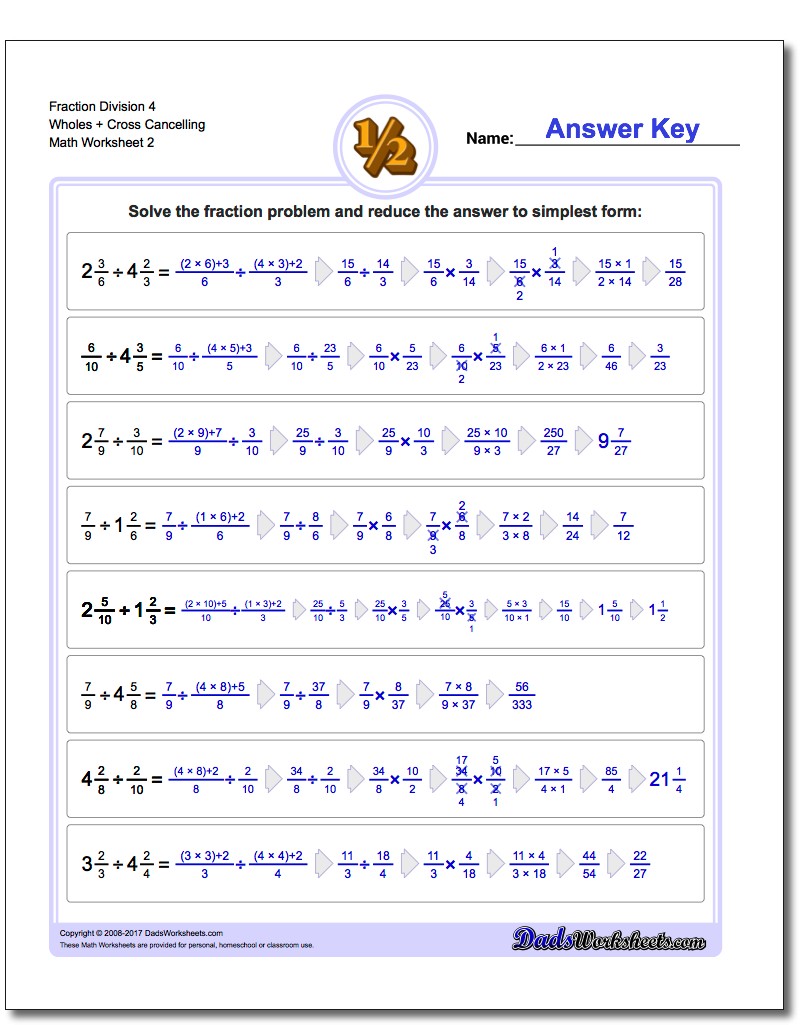 Fraction Worksheet Division Worksheet 4 Wholes + Cross Cancelling www.dadsworksheets.com/worksheets/fraction-division.html