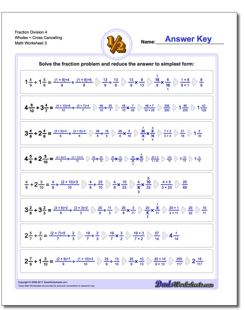 Fraction Worksheet Division Worksheet 4 Wholes + Cross Cancelling
