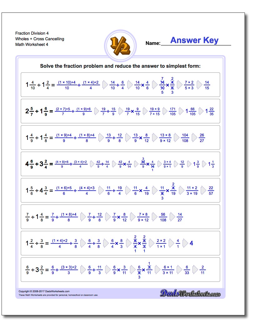 Fraction Worksheet Division Worksheet 4 Wholes + Cross Cancelling
