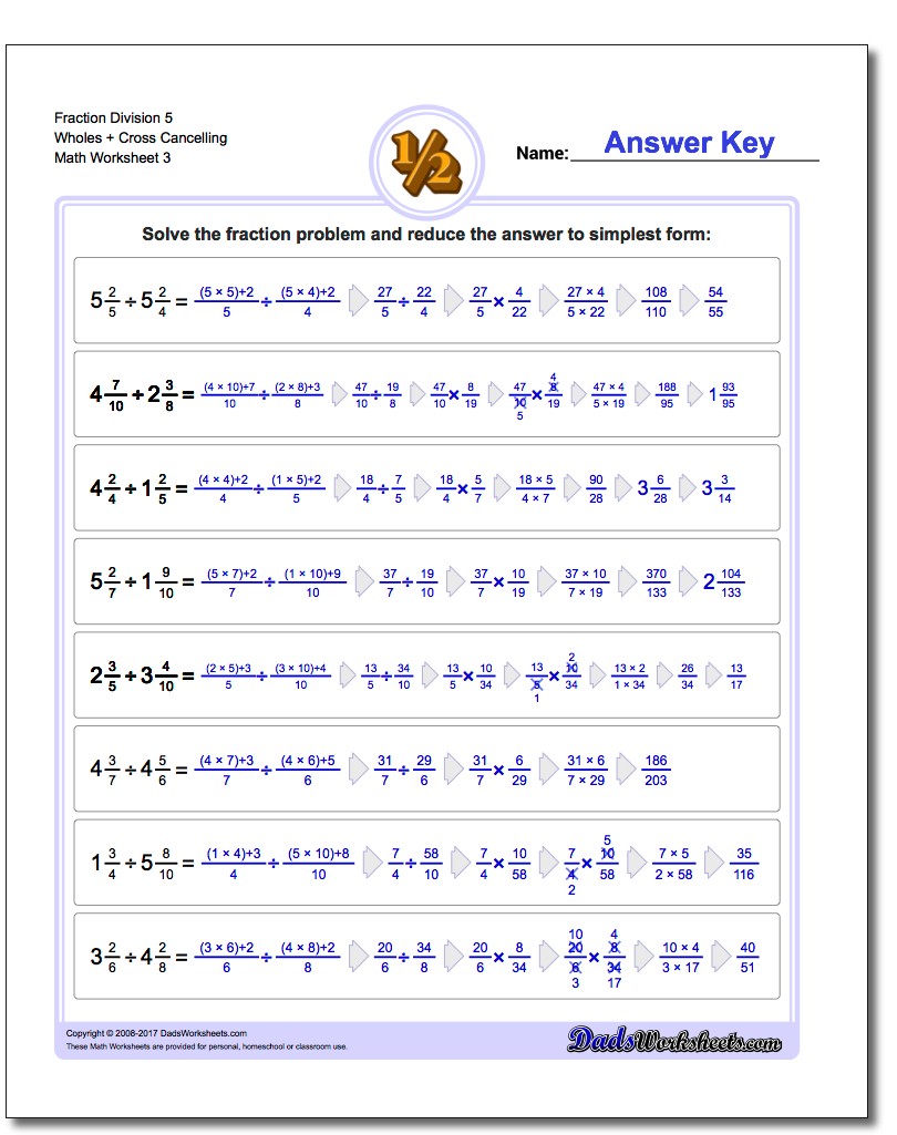 Fraction Worksheet Division Worksheet 5 Wholes + Cross Cancelling