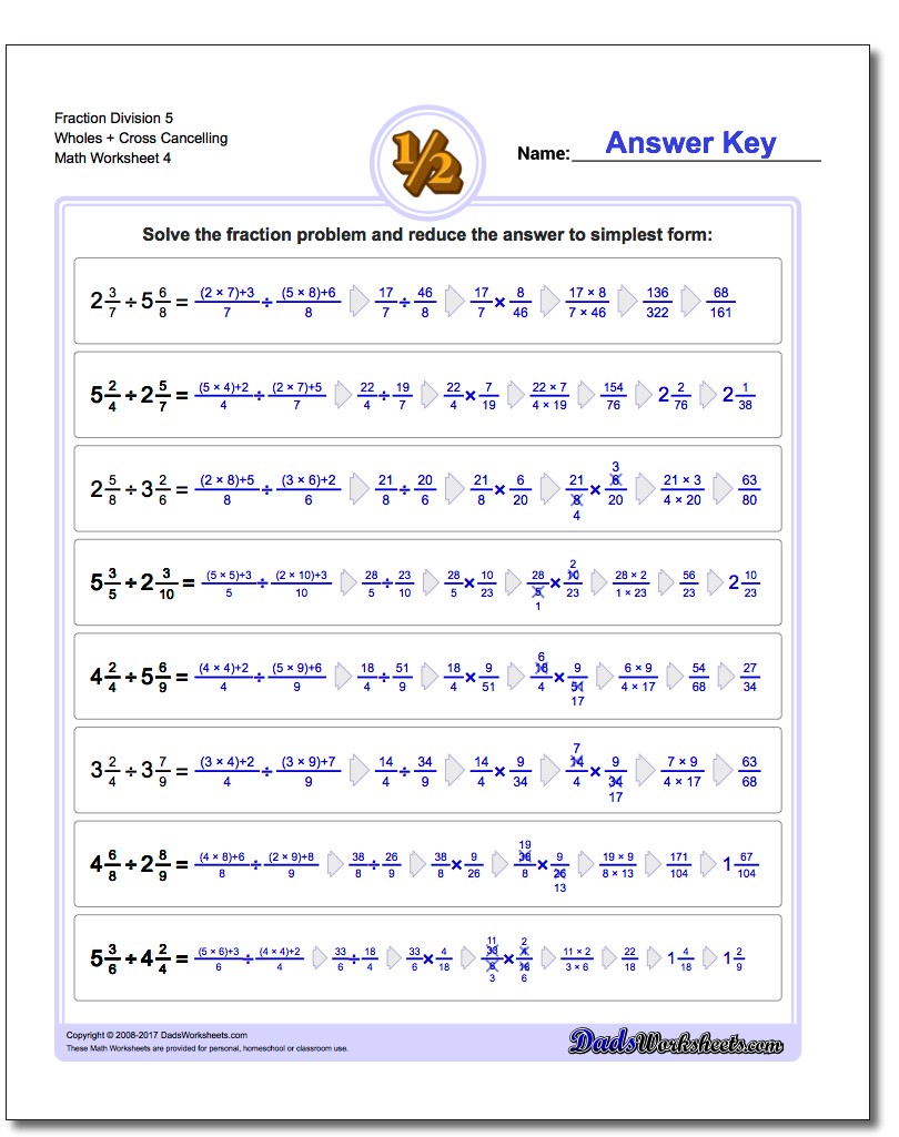 Fraction Worksheet Division Worksheet 5 Wholes + Cross Cancelling